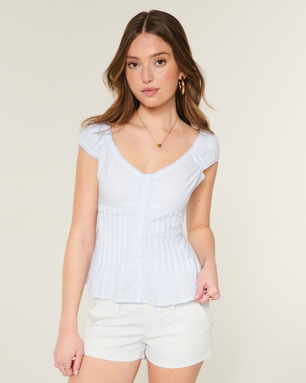 V-Neck Pintuck Top, White Stripe view 1