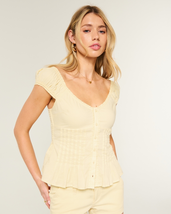 V-Neck Pintuck Top, Butter Yellow view 1