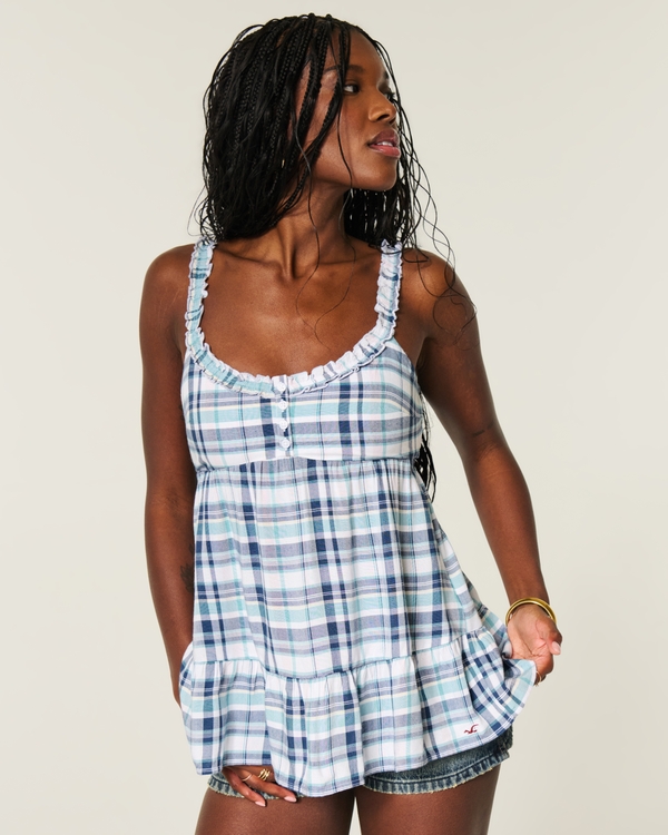 Longline Ruffle Icon Tunic Babydoll Top, Blue Plaid view 1