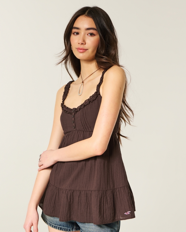Longline Ruffle Icon Tunic Babydoll Top, Brown view 1