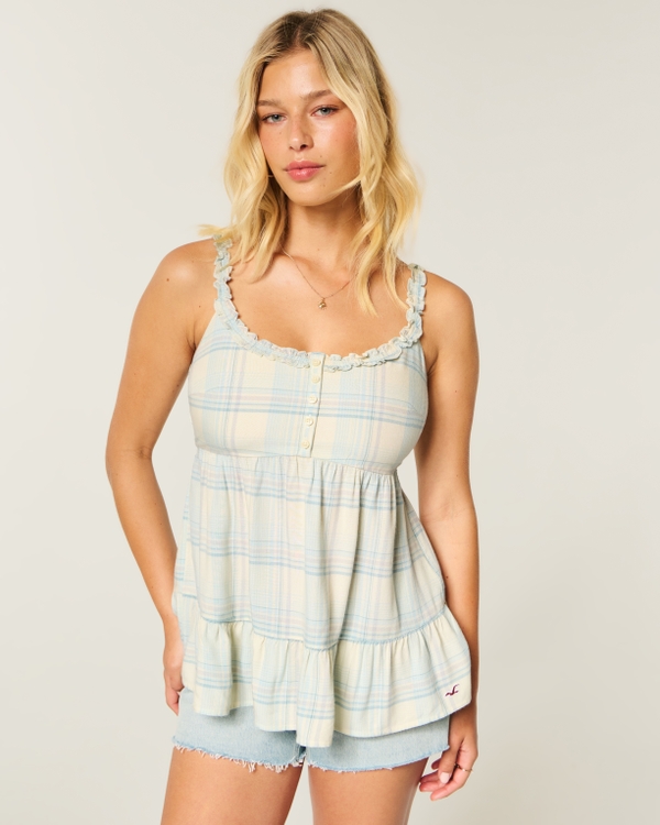 Curvy Ruffle Trim Tunic Top, Butter Yellow Plaid view 1