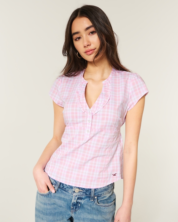 Short-Sleeve Icon Henley Shirt, Light Pink Plaid view 1