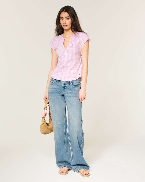 Short-Sleeve Icon Henley Shirt, Light Pink Plaid view 2