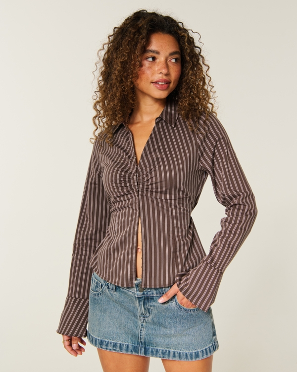 Bell Sleeve Shirt, Light Brown Stripe view 1