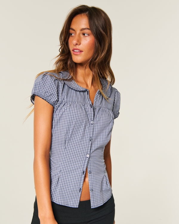 Short-Sleeve Statement Collar Shirt, Blue Plaid view 2