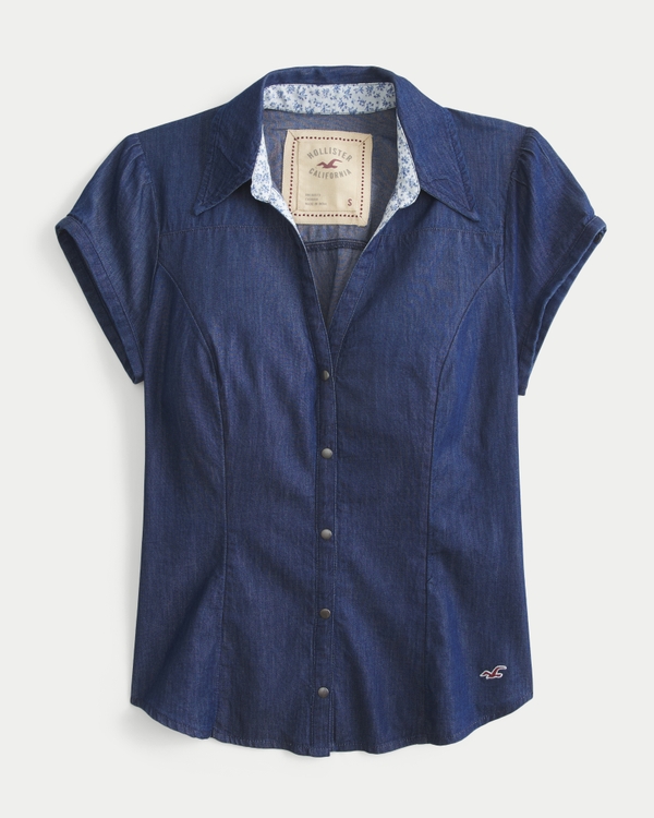 Short-Sleeve Button-Through Chambray Shirt, Dark view 1