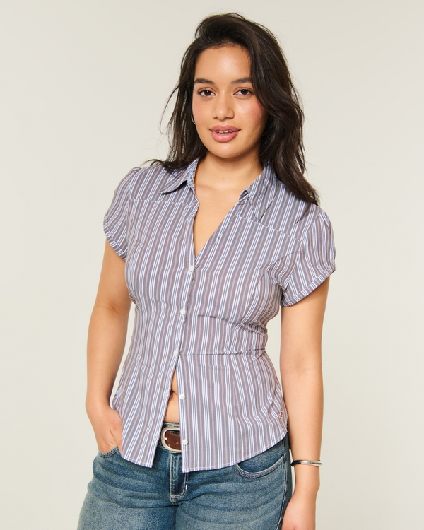 Short-Sleeve Button-Through Shirt, Light Brown Stripe view 1