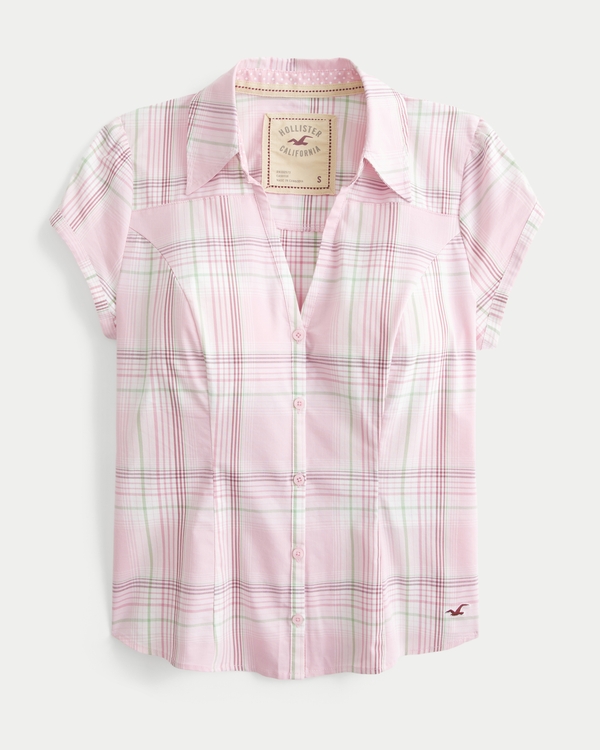 Short-Sleeve Button-Through Shirt, Light Pink Plaid view 1