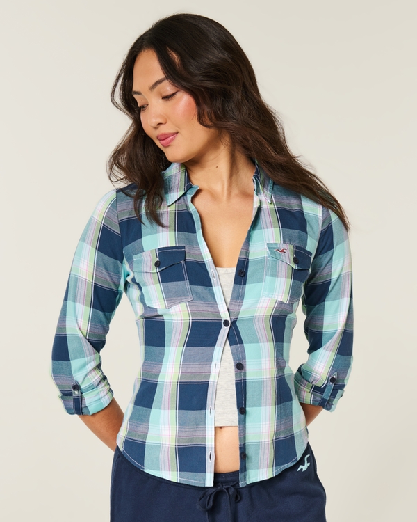 ボタンフロント プラッドシャツ, ブループラッド view 1