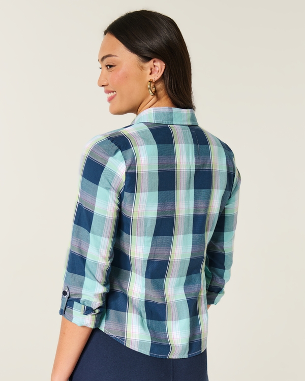 ボタンフロント プラッドシャツ, ブループラッド view 2