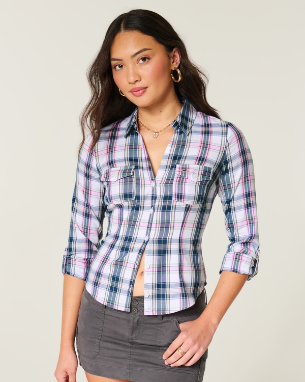 ボタンフロント プラッドシャツ, ピンク プラッド view 1