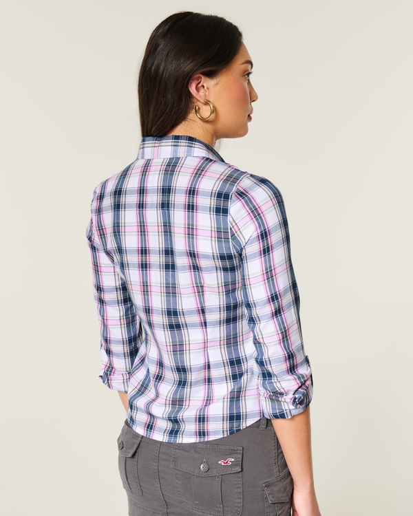 ボタンフロント プラッドシャツ, ピンク プラッド view 2