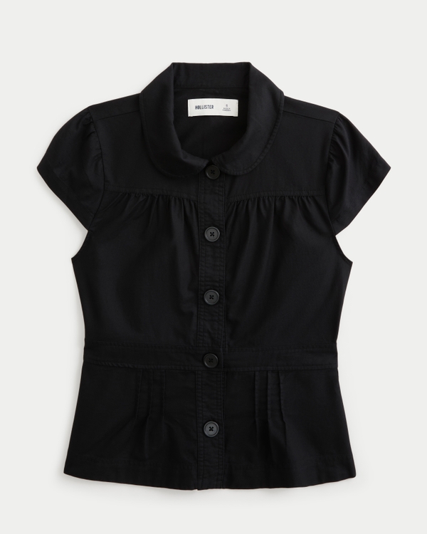Short Sleeve Twill Peter Pan Collar Shirt, Black view 1