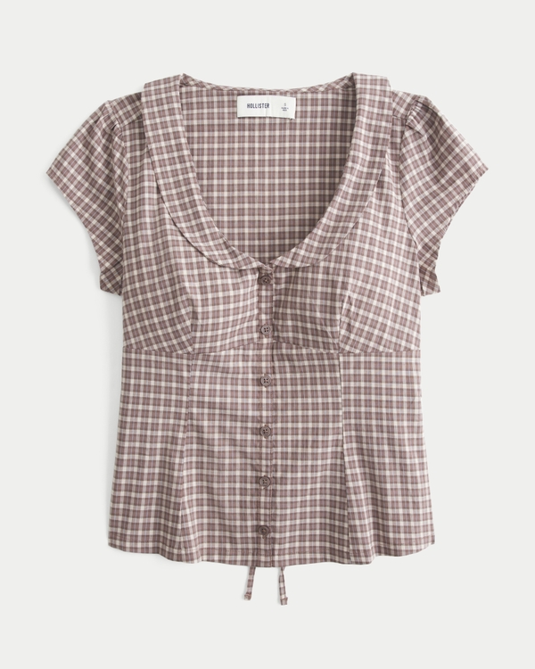 Peter Pan Collar Shirt, Light Brown Plaid view 1