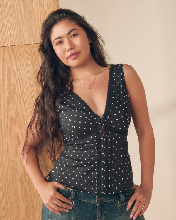 Hook & Eye Lace Trim Tank, Black Dot view 1