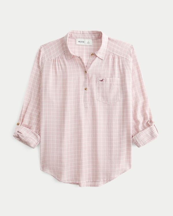 Easy Popover Shirt, Light Pink Plaid view 1