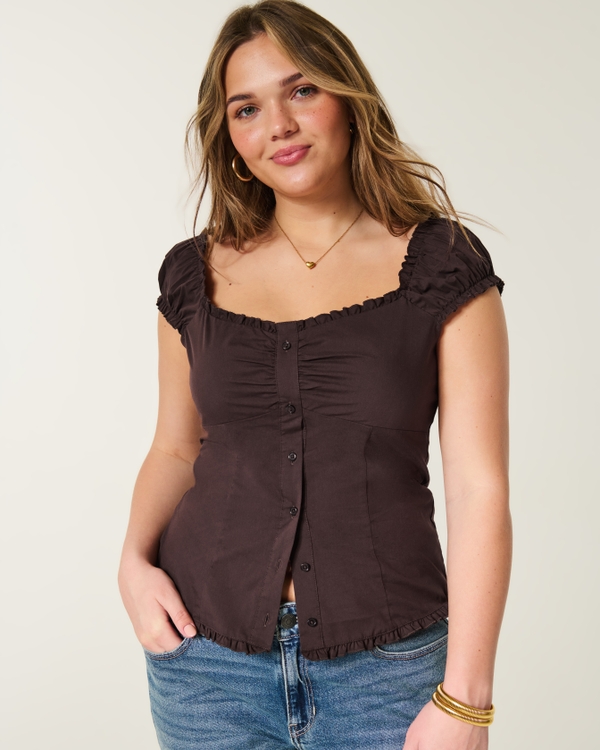 On/Off-the-Shoulder Ruffle Trim Top, Brown view 1