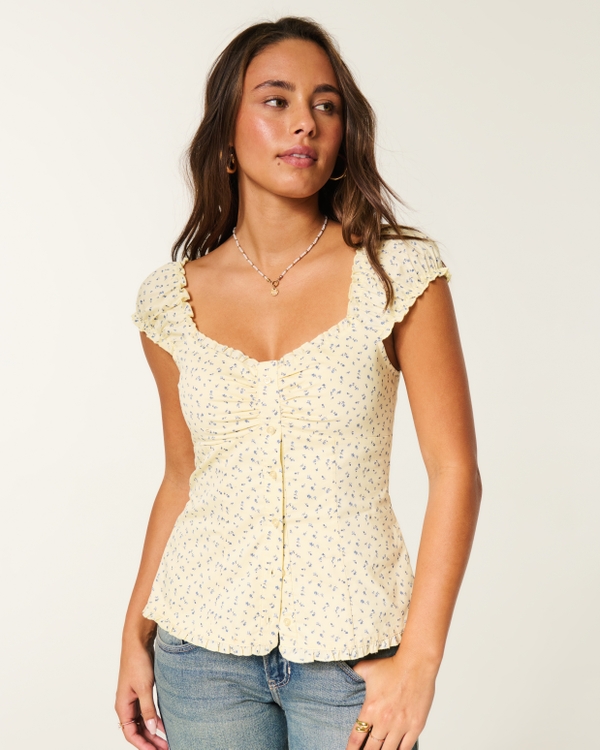On/Off-the-Shoulder Ruffle Trim Top, Butter Yellow Floral view 1