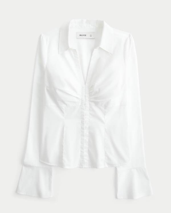 Long-Sleeve Poplin Hook and Eye Shirt, White view 1