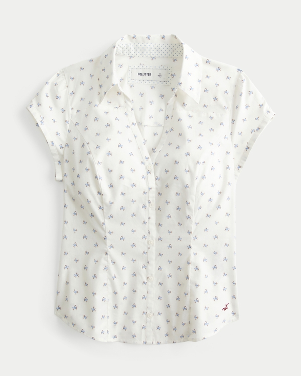 Short-Sleeve Button-Through Shirt, White Floral view 1