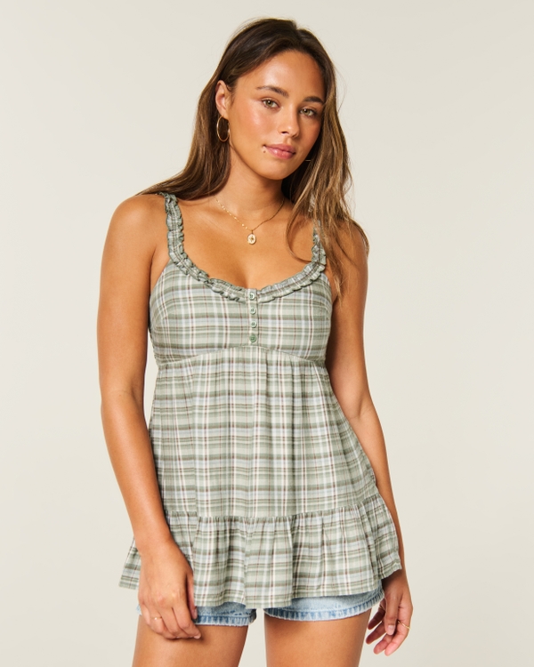 Ruffle Trim Tunic Babydoll Top, Green Plaid view 1