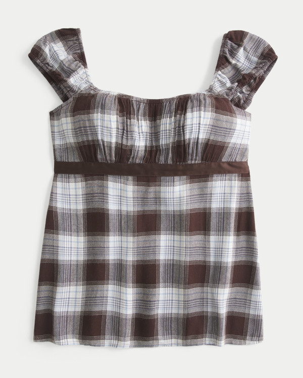 Easy Satin Tie Babydoll Top, Brown Plaid view 1