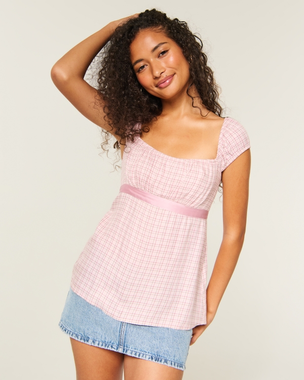 Easy Satin Tie Babydoll Top, Pink Check view 1