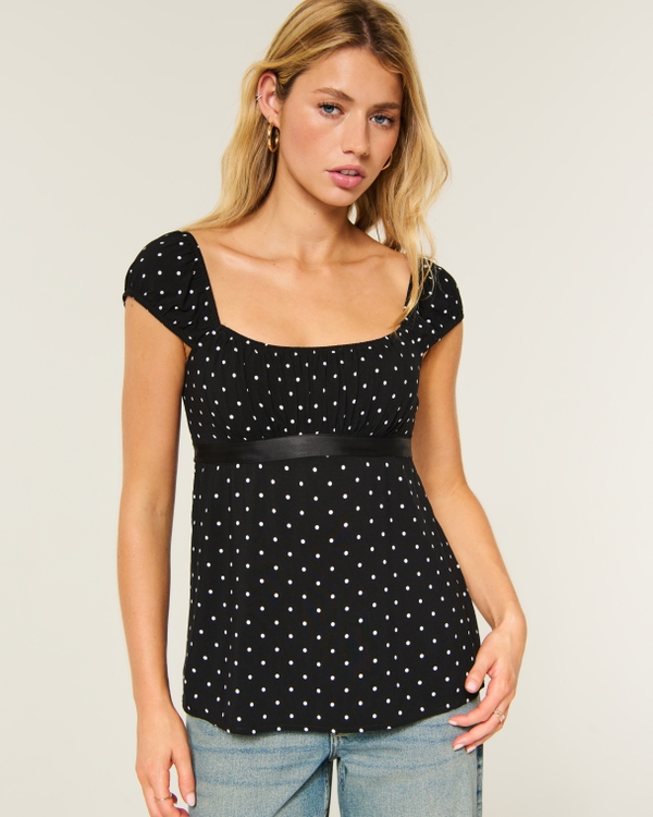 Easy Satin Tie Babydoll Top, Black Dot view 1
