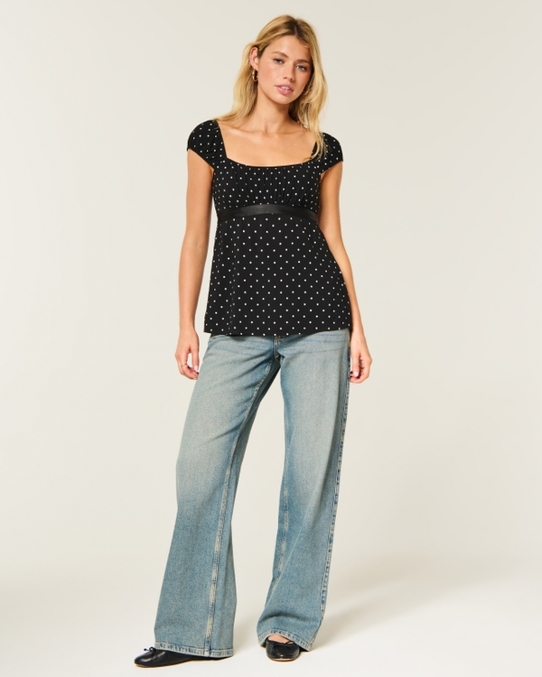 Easy Satin Tie Babydoll Top, Black Dot view 2