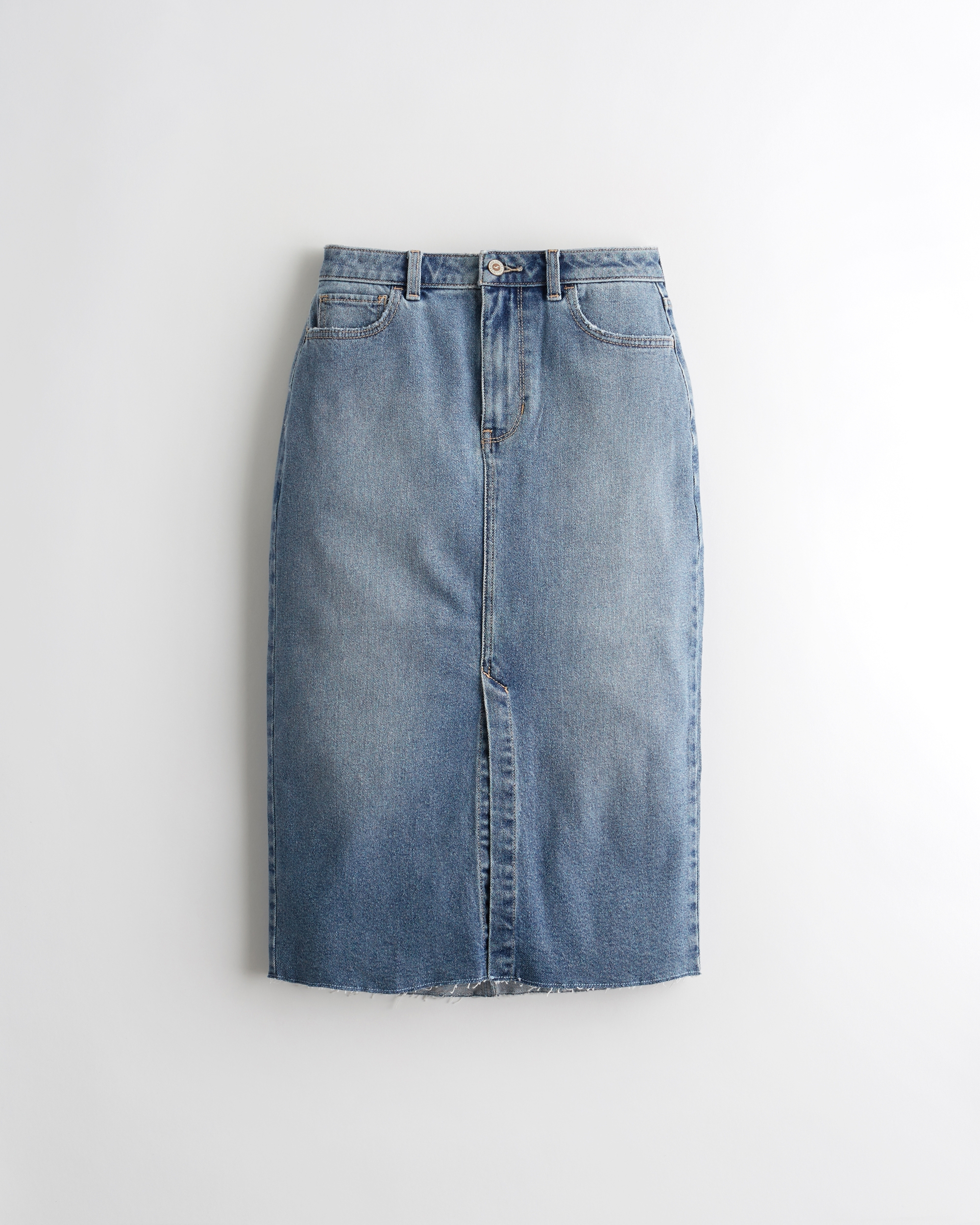 stretch denim midi skirt