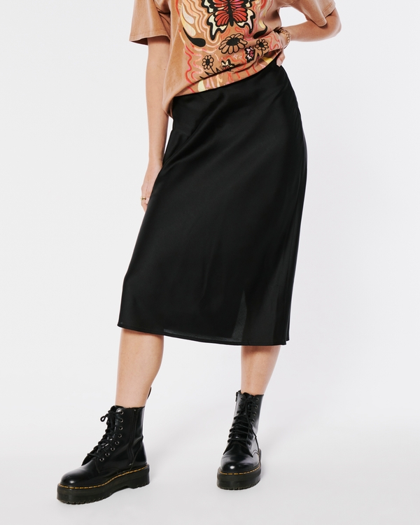 Satin Midi Skirt, Black