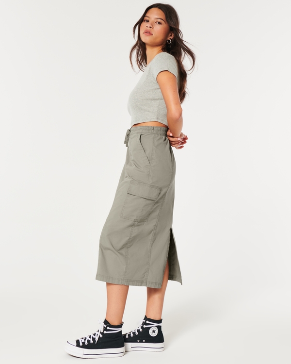 Poplin Cargo Midi Skirt, Olive Green