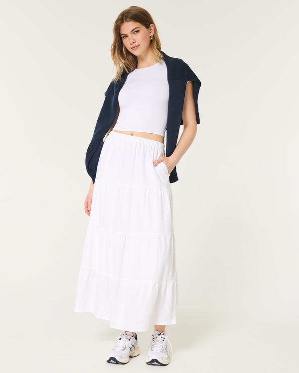 Tiered Linen Blend Maxi Skirt, White