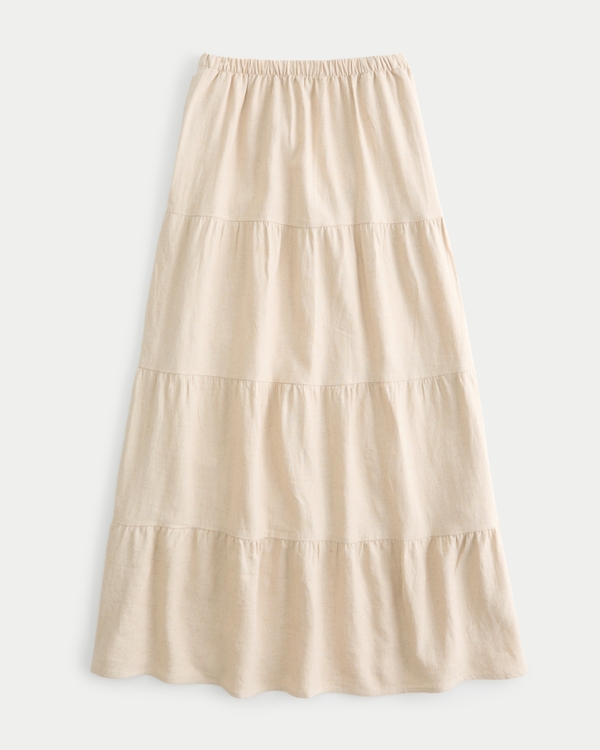 Tiered Linen Blend Maxi Skirt, Tan