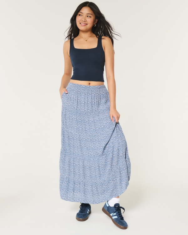Adjustable Rise Tiered Maxi Skirt, Blue Floral