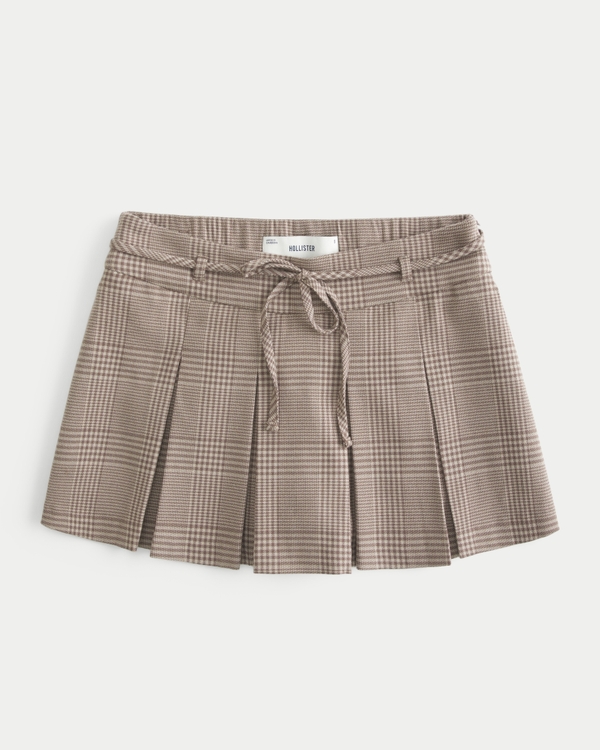 Mid-Rise Pleated Mini Skort, Light Brown Plaid