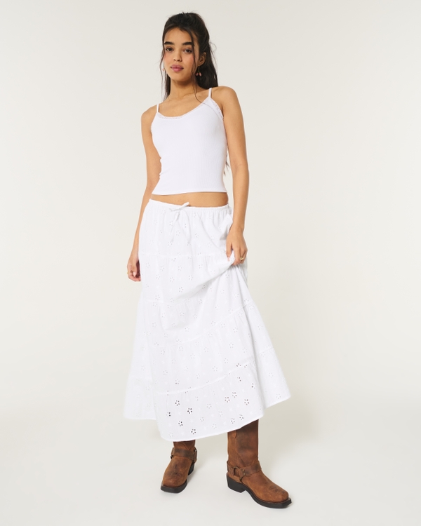 Tiered Eyelet Maxi Skirt, White