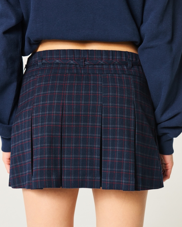 Mid-Rise Pleated Mini Skort, Navy Plaid view 2