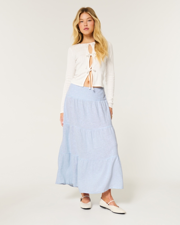 Tiered Linen-Blend Maxi Skirt, Blue Stripe