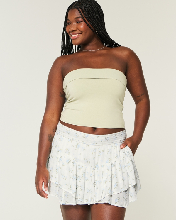 Asymmetrical Hem Tiered Mini Skort, White Pattern view 1