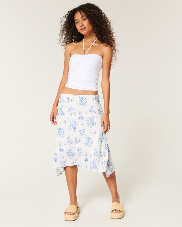 Asymmetrical Midi Skirt, White Floral