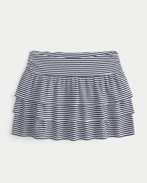 褶邊針織迷你短裙褲, Navy Stripe view 1