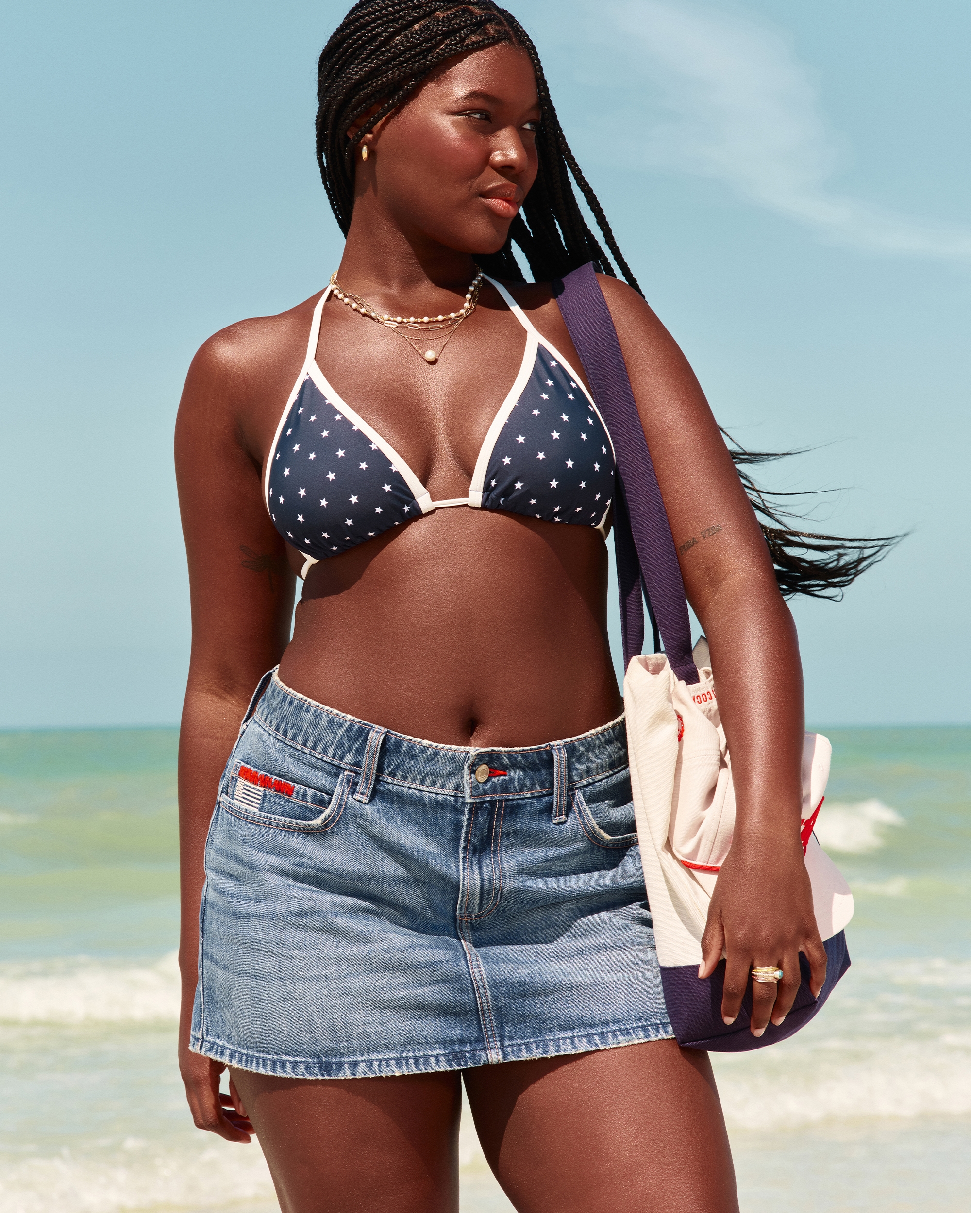 Low-Rise Medium Wash Flag Embroidered Denim Mini Skort