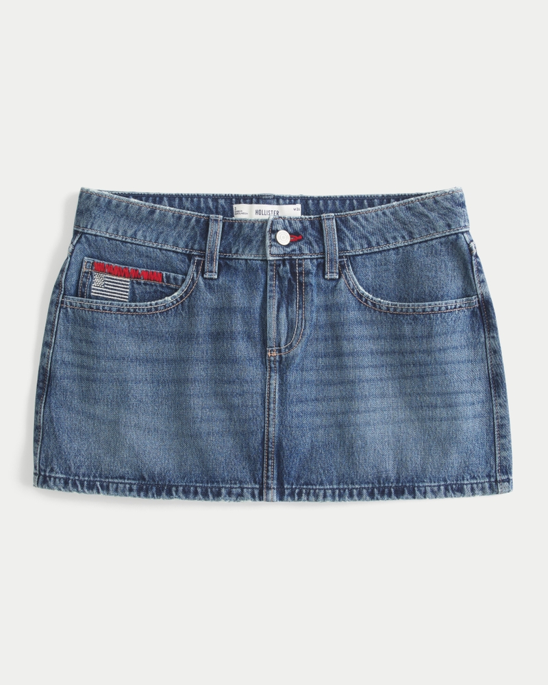 Low-Rise Medium Wash Flag Embroidered Denim Mini Skort