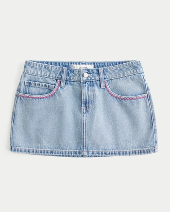 Women's Low-Rise Pink Embroidered Light Wash Denim Mini Skort | Women's Bottoms | HollisterCo.com