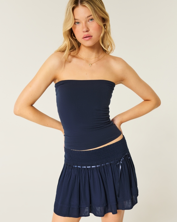 Smocked Tiered Mini Skort, Navy Blue view 1