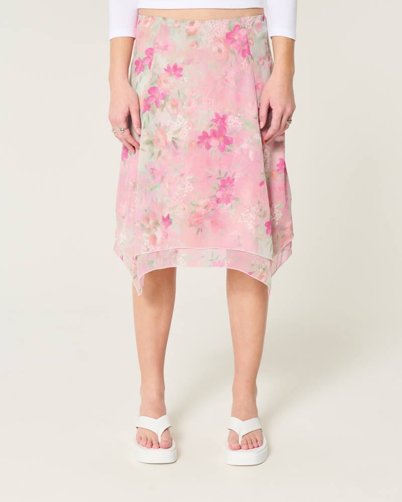 Asymmetrical Hem Chiffon Midi Skirt