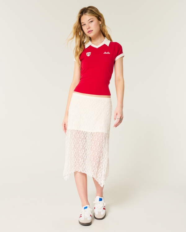Asymmetrical Hem Lace Midi Skirt, White view 1