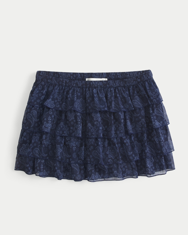 Tiered Chiffon Mini Skort, Navy Blue Floral view 2