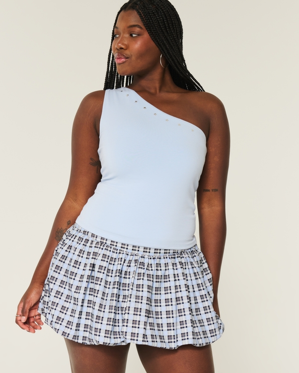 Plaid Bubble Mini Skirt, Powder Blue Plaid view 1